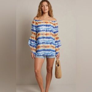 New Directions Strape Print Multicolor Women Blue and Orange Top XL Bell Sleeve